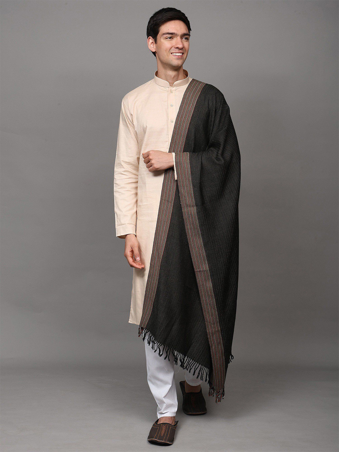 Exotic India Unisex Reversible Kullu With Chevron Weave & Multi Striped Border Wool Shawl