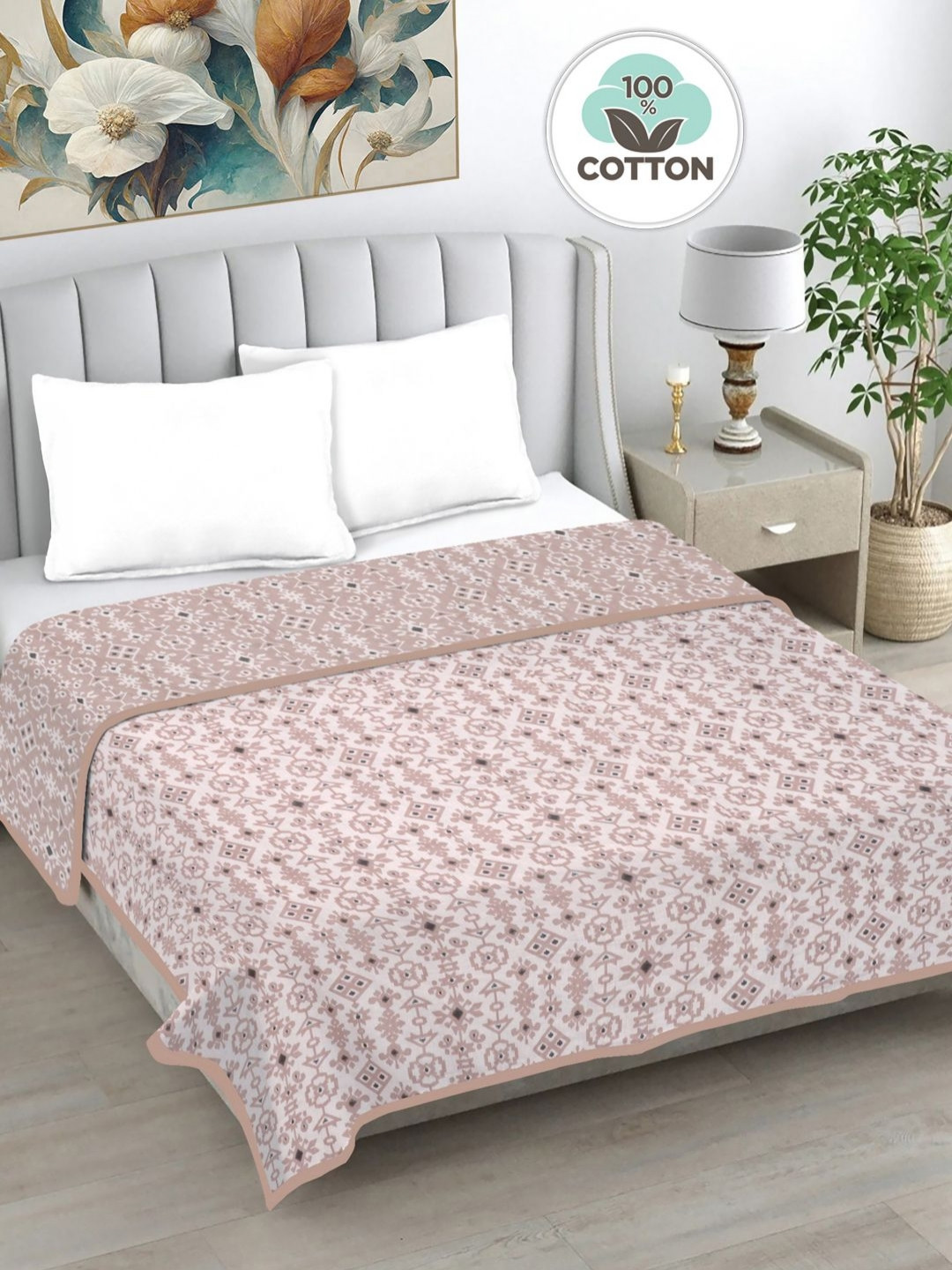 Myntra Elegant Homes Pink & Navy Blue Geometric AC Room 233 GSM Cotton Double Bed Dohar