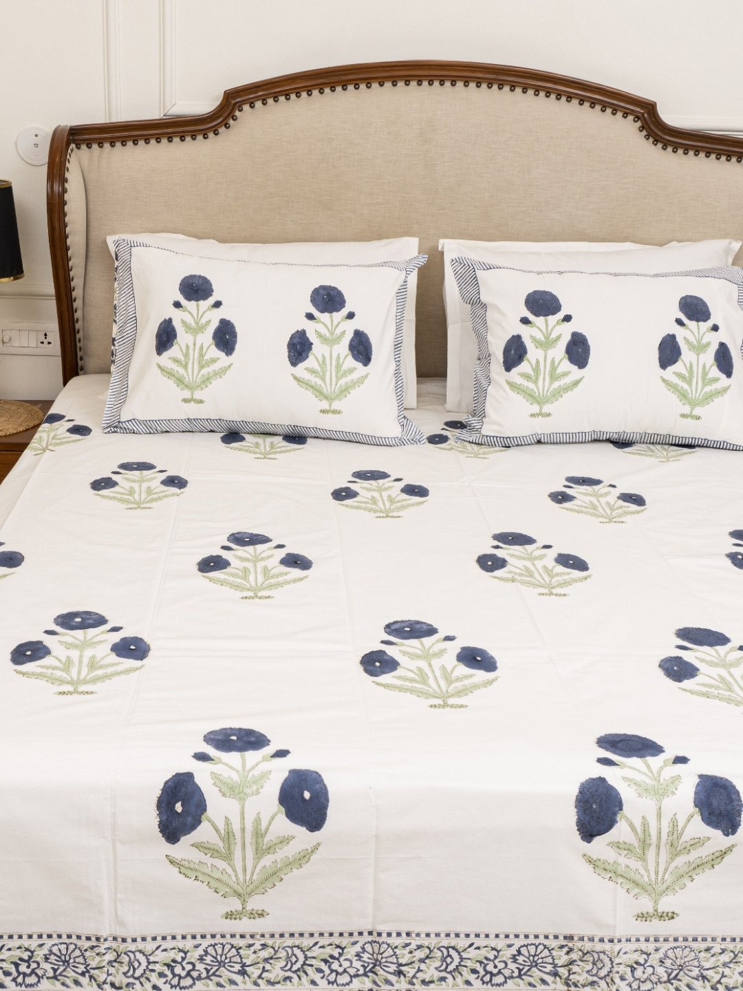MuddnMe Poppies White Ethnic Motifs Pure Cotton 300 TC Queen Fine Bedsheet with 2 Pillow Covers-90 x 108 inches