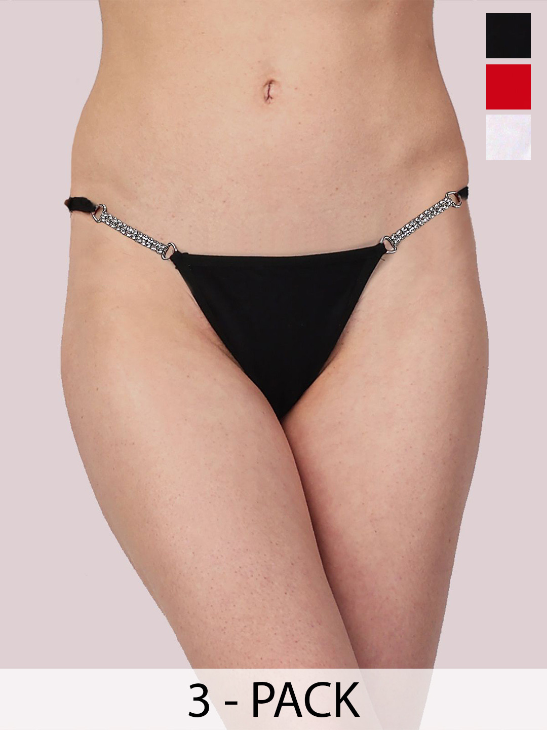 Lola Dola Pack of 3 Mid-Rise G-String Rhinestone Connector Thong Briefs EBString-017