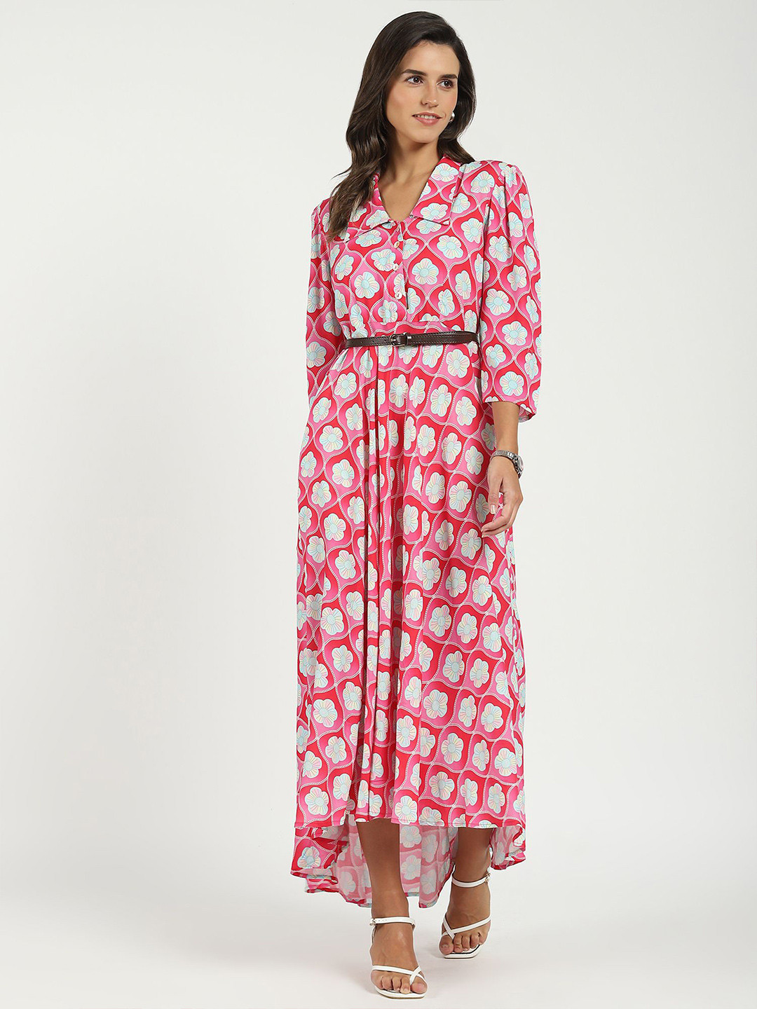 Me&I Women Floral Printed Shirt Collar Fit & Flare Maxi Dress