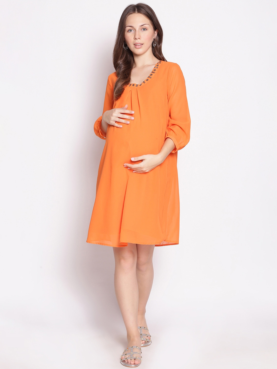 Oxolloxo Women Orange Embellished Satin Maternity Dress