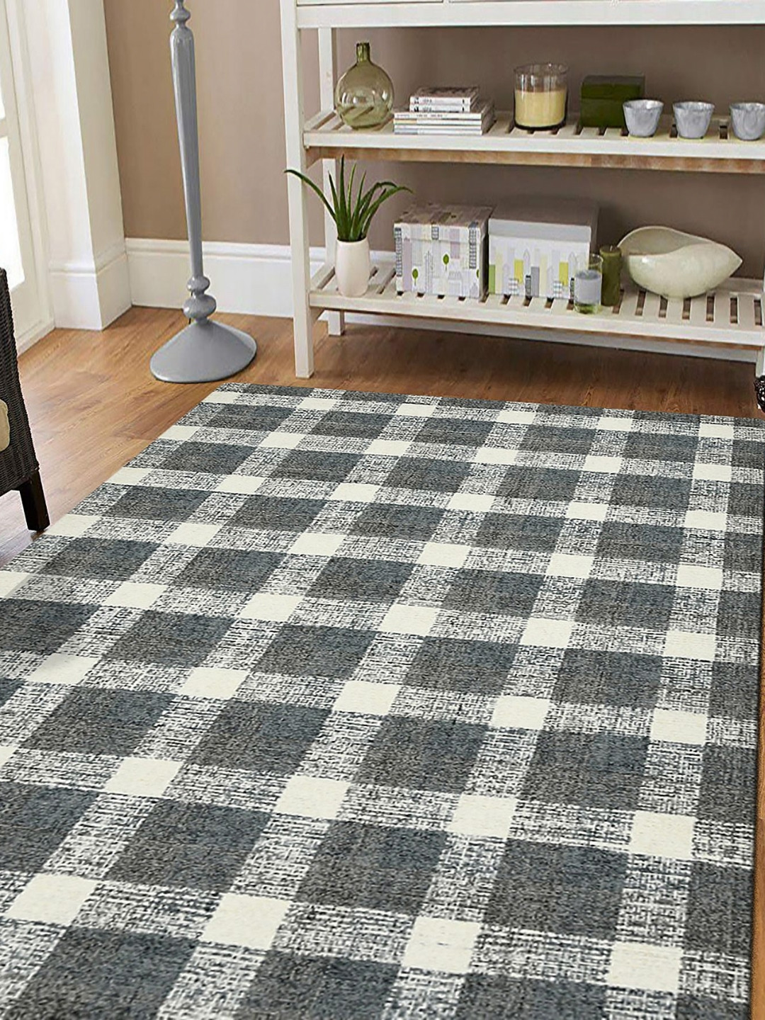 saraswatii global Grey Checked Hand-Tufted Woollen Carpet