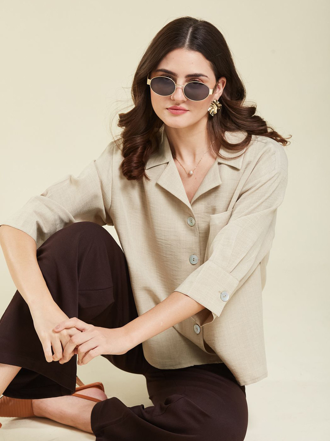 J Turritopsis Women Solid Cuban Collar Casual Shirt