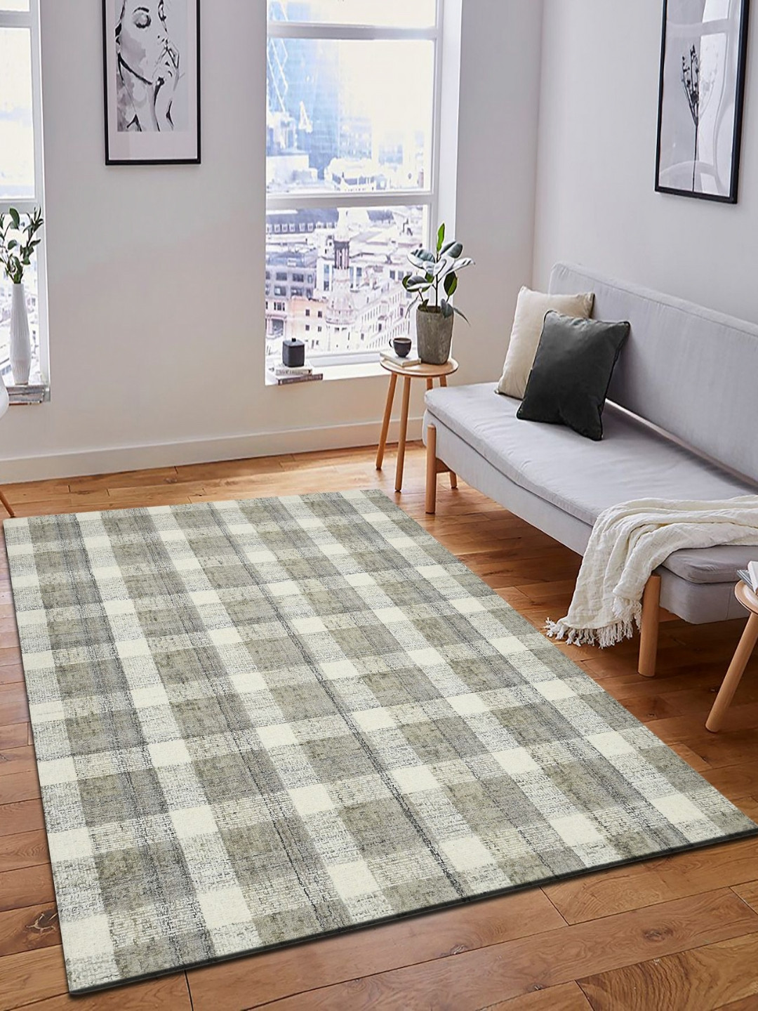 saraswatii global Tartan Plaid Grey & White Geometric Checked Tufted Woollen Carpet