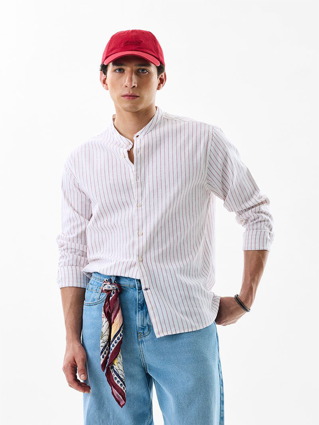 Snitch Vertical Striped Band Collar Cotton Linen Shirt