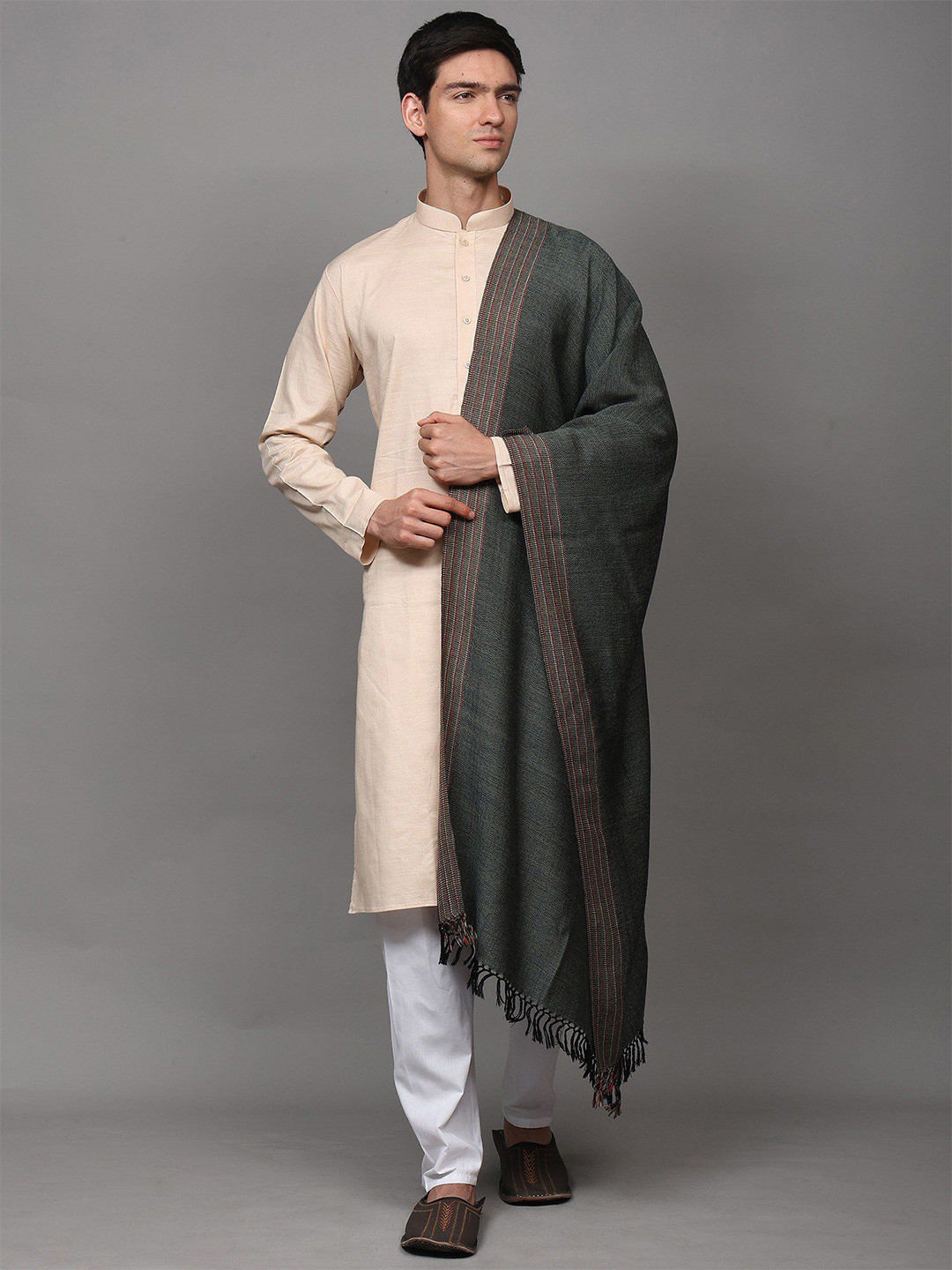 Exotic India Unisex Reversible Kullu With Chevron Weave & Multi Striped Border Wool Shawl