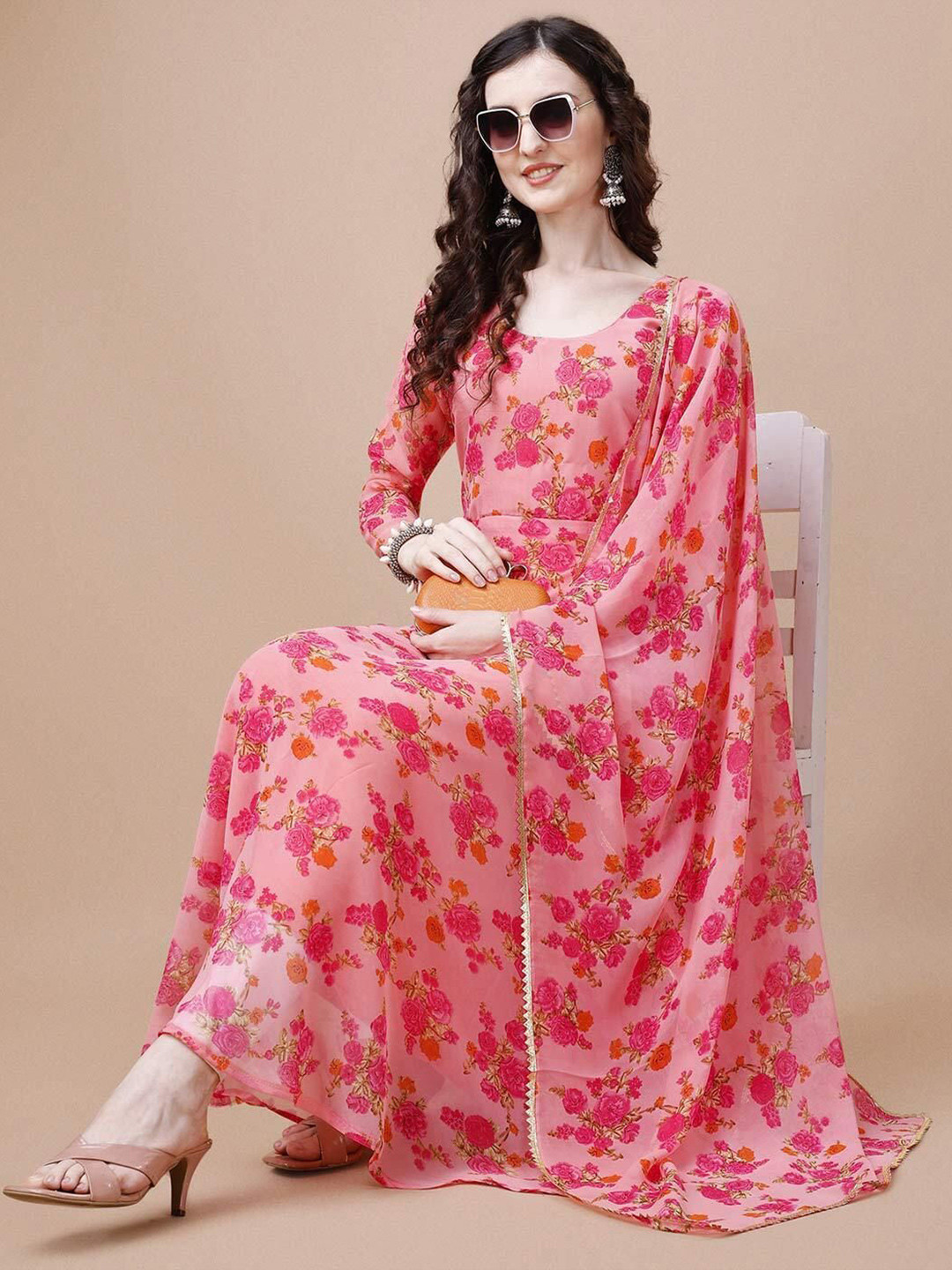 Jash Creation Women Floral Print Gota Patti Anarkali Kurta Set