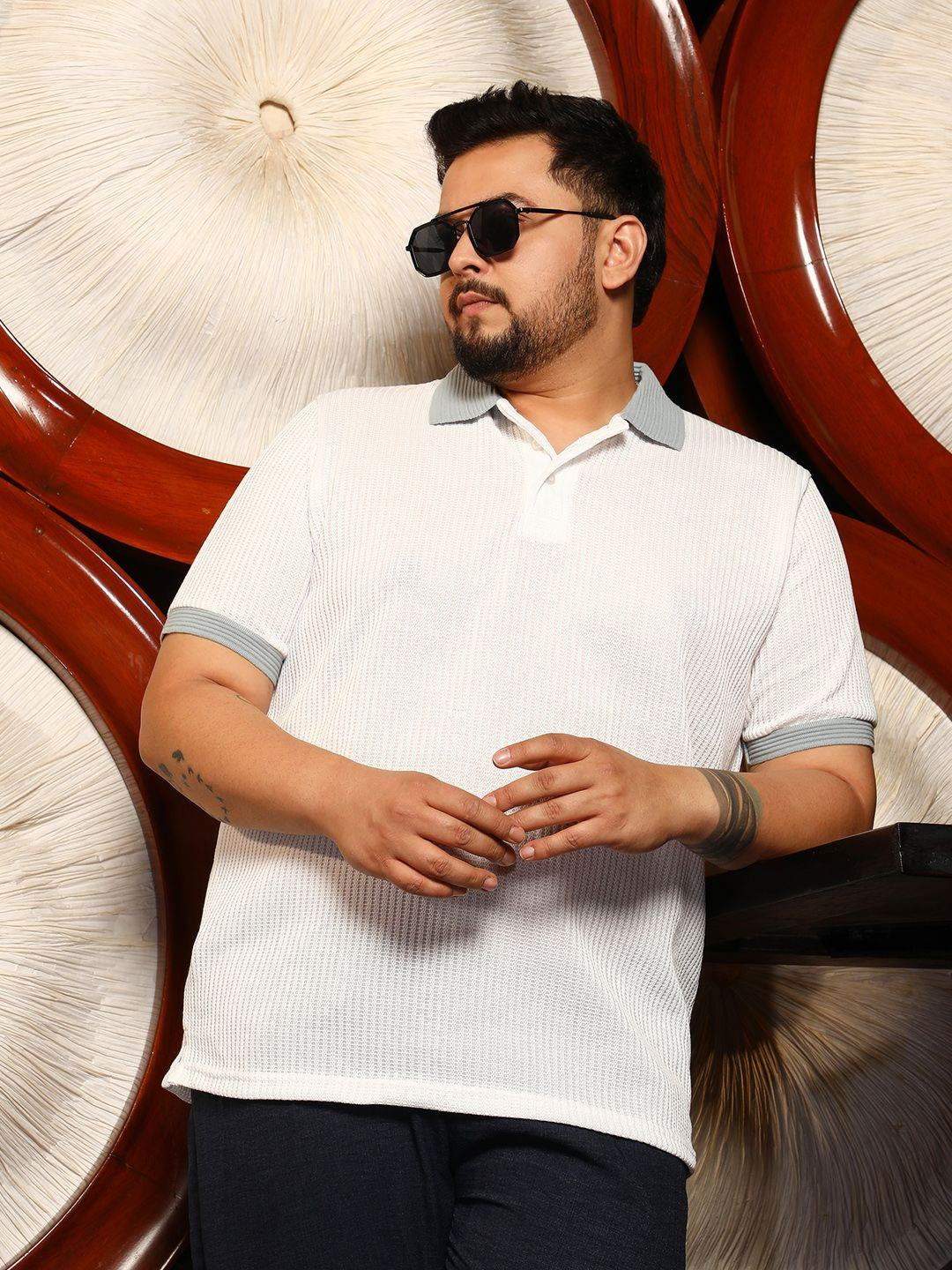 Instafab Plus Plus Size Striped Polo Collar Cotton T-shirt