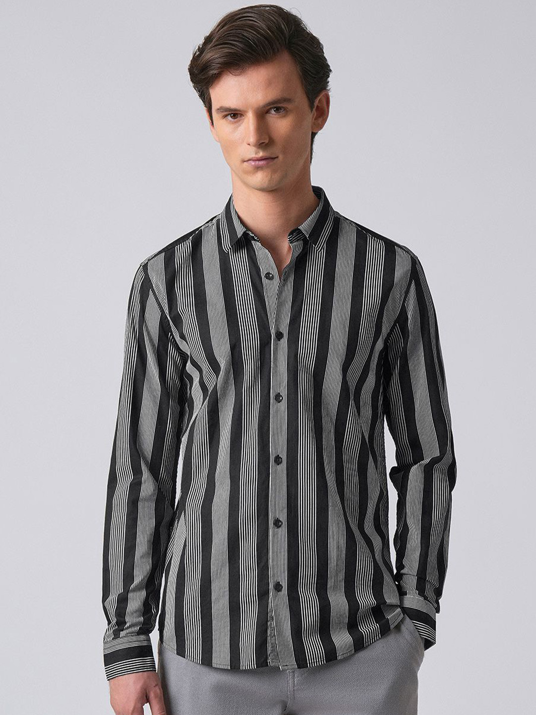 Banana Club Black Vertical Pin Stripe Cotton/Linen Shirt