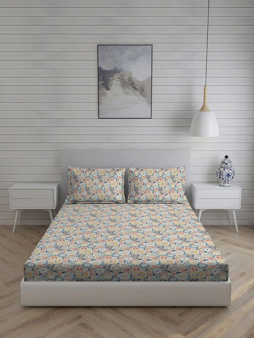 Living scapes by Pantaloons Blumen Blue Floral Cotton 210 TC King Fine Bedsheet with 2 Pillow Covers-274 x 224 cm