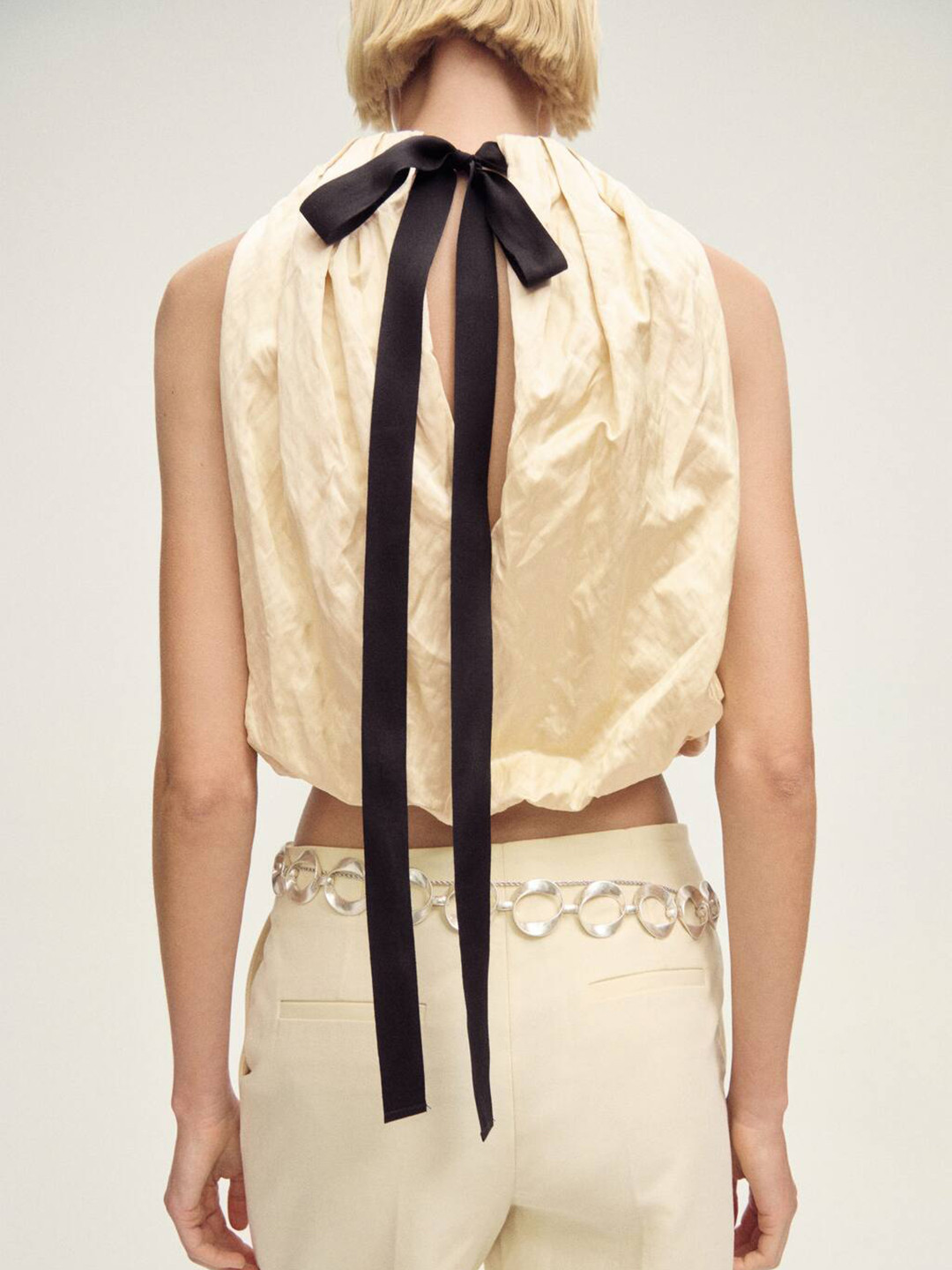 MANGO SELECTION Halter Neck Wrinkled Blouson Crop Top with Adjustable Hem