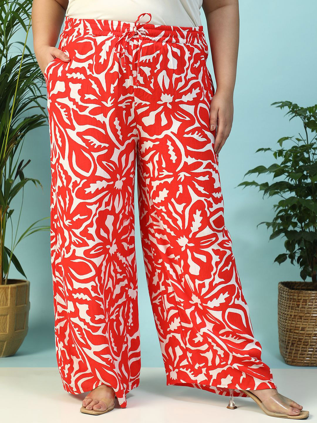 Oxolloxo Plus Size Floral Print Flared Elasticated Waist & Tie-Up Detail Pants