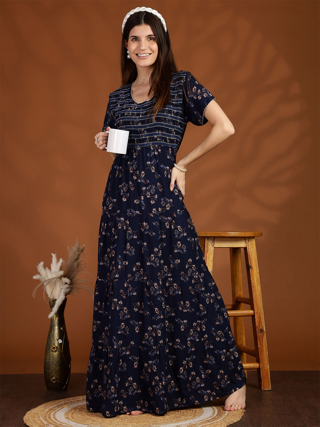 9shines Label Women Floral Printed Maxi Nightdress With Pocket