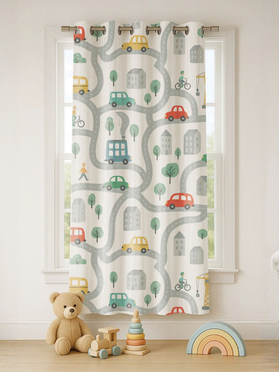STITCHNEST Set of 1 White & Grey Cartoon Print 5 feet Curtain