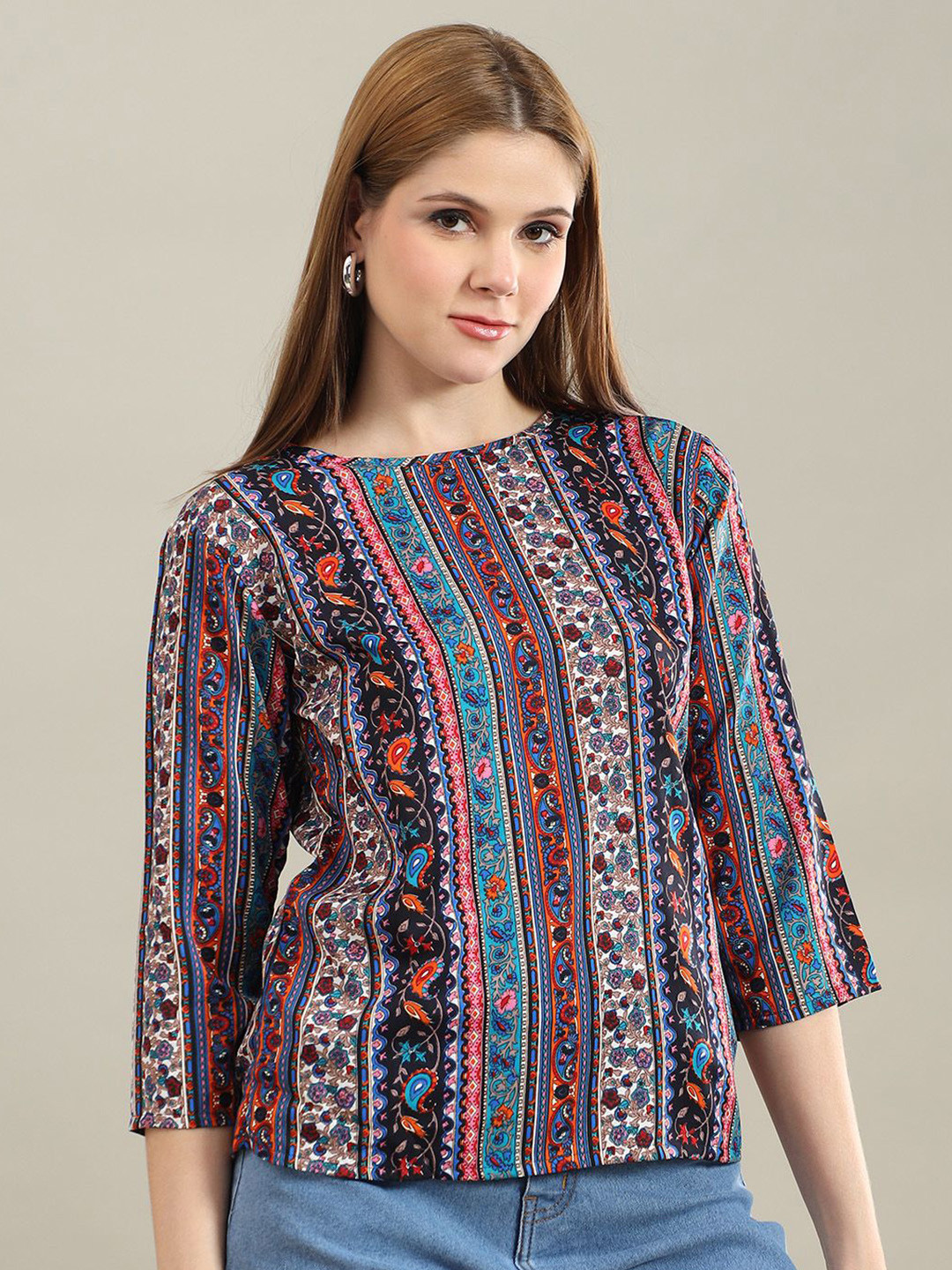 bearbrother Women Ethnic Motifs Printed Boat Neck Regular Fit Top