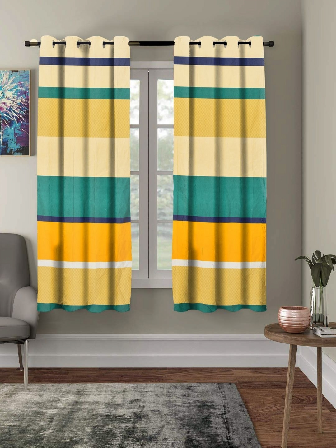 Aura Cream-Coloured & Teal Set of 2 Striped Sheer Window