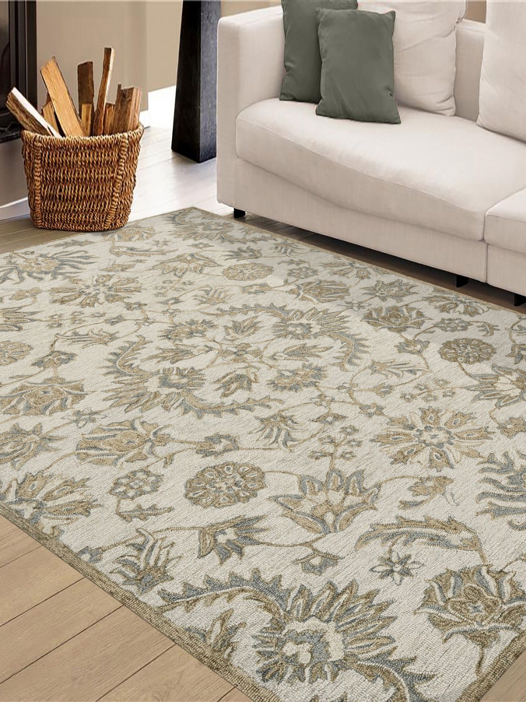 saraswatii global Cream Floral Hand-Tufted Woollen Carpet
