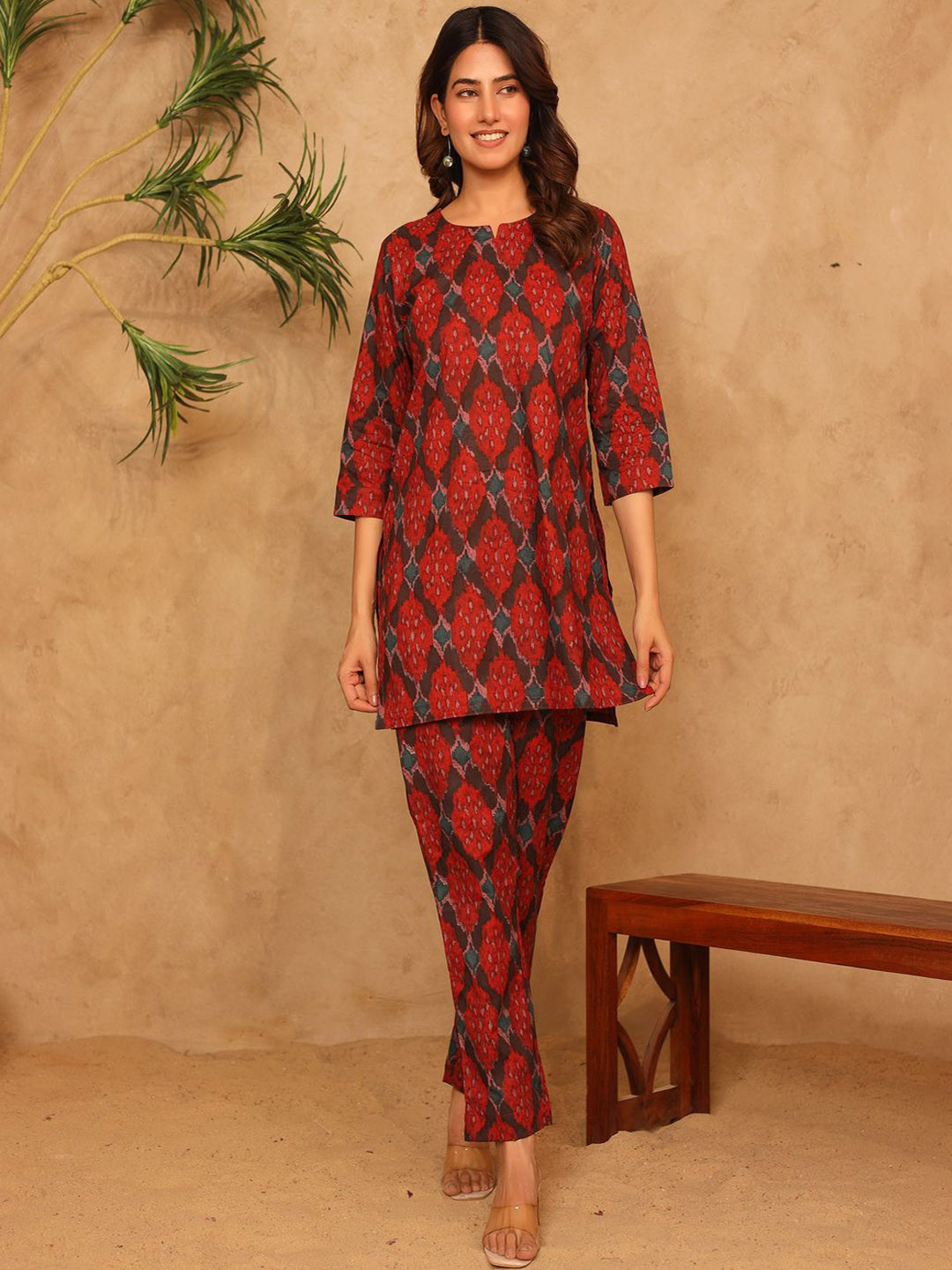 Kwatchi Printed Cotton Round Neck Top With Trousers Co-Ords