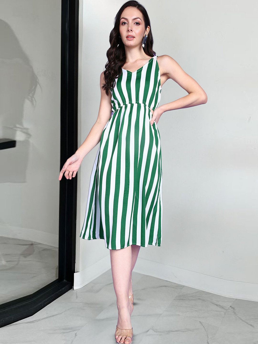 Popwings Women Striped Shoulder Straps Fit and Flare Dress