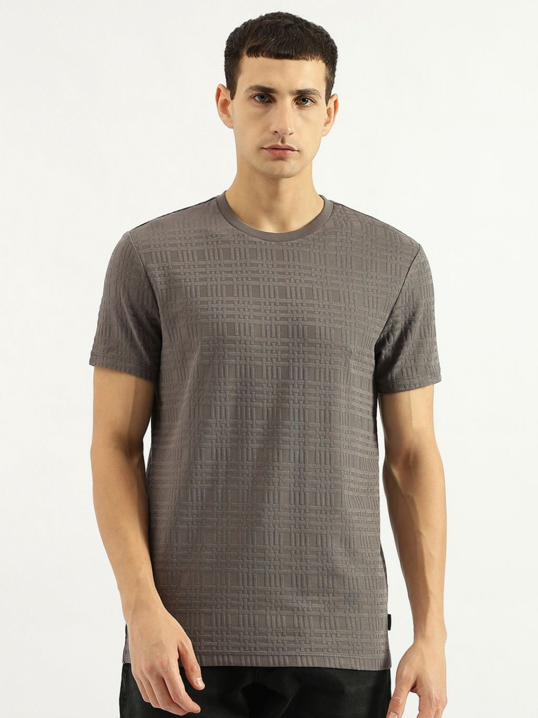 United Colors of Benetton Men Self Design Checked T-shirt