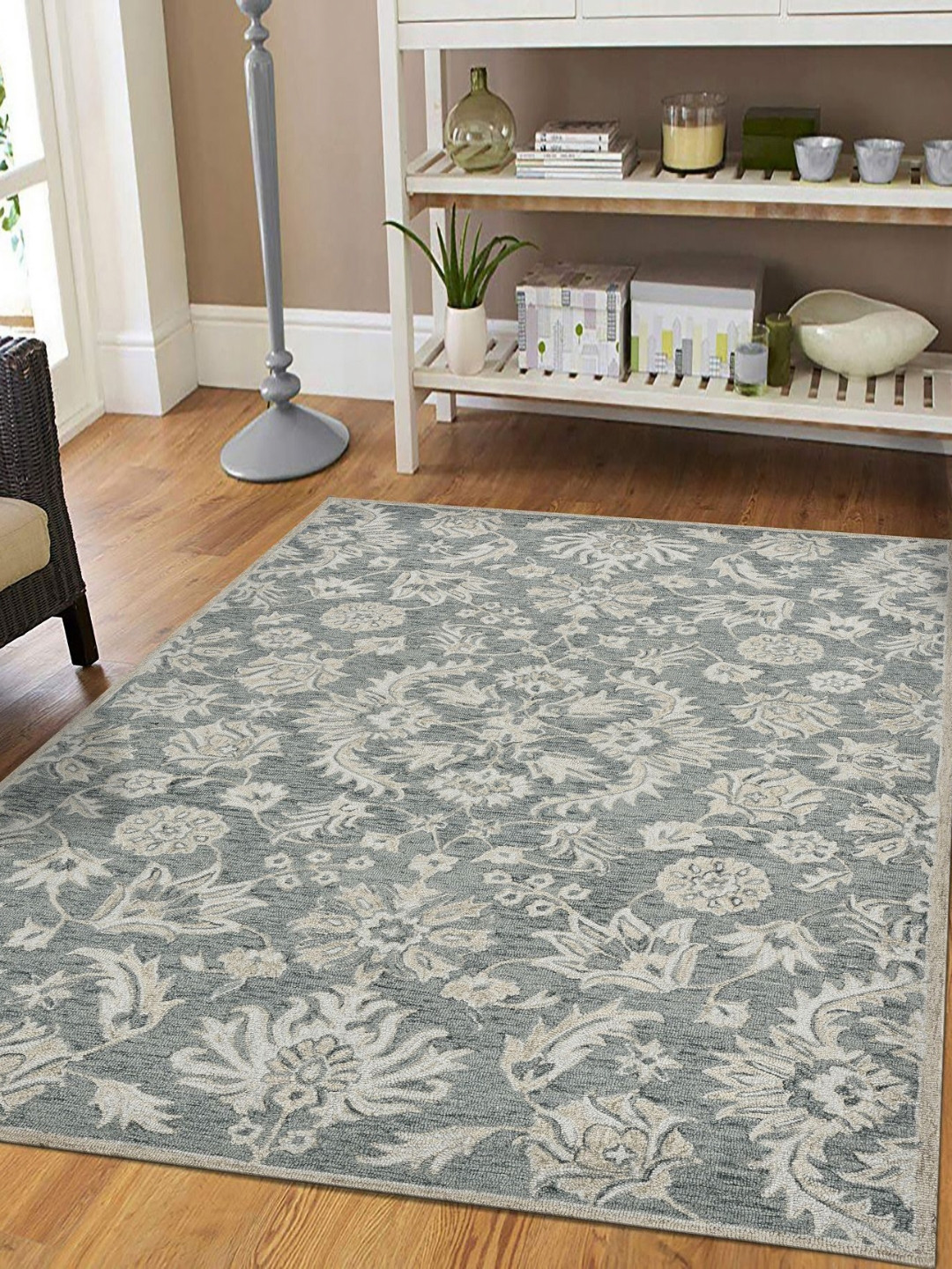 saraswatii global Romania Grey & Beige Floral Printed Woollen Carpet