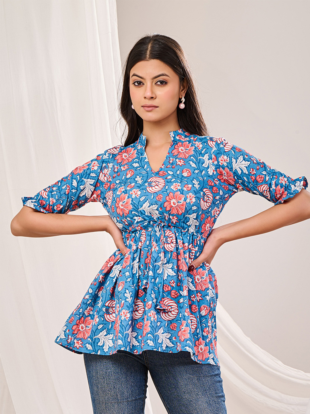 Futra Gabha Women Floral Printed Mandarin Collar Cotton Empire Top
