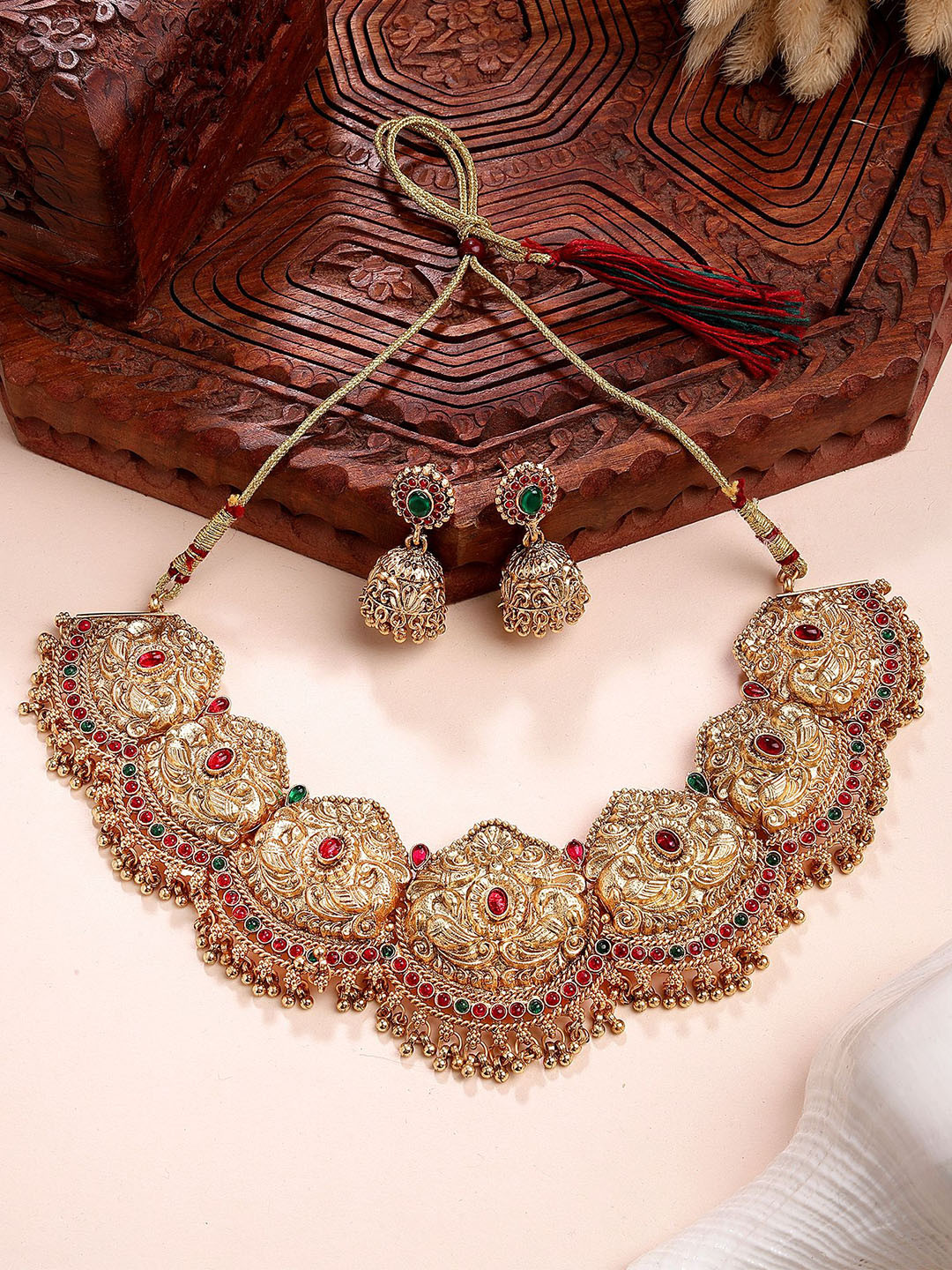 KARATCART Gold-Plated Stones Studded & Beaded Peacock DesignTemple Jewellery Set