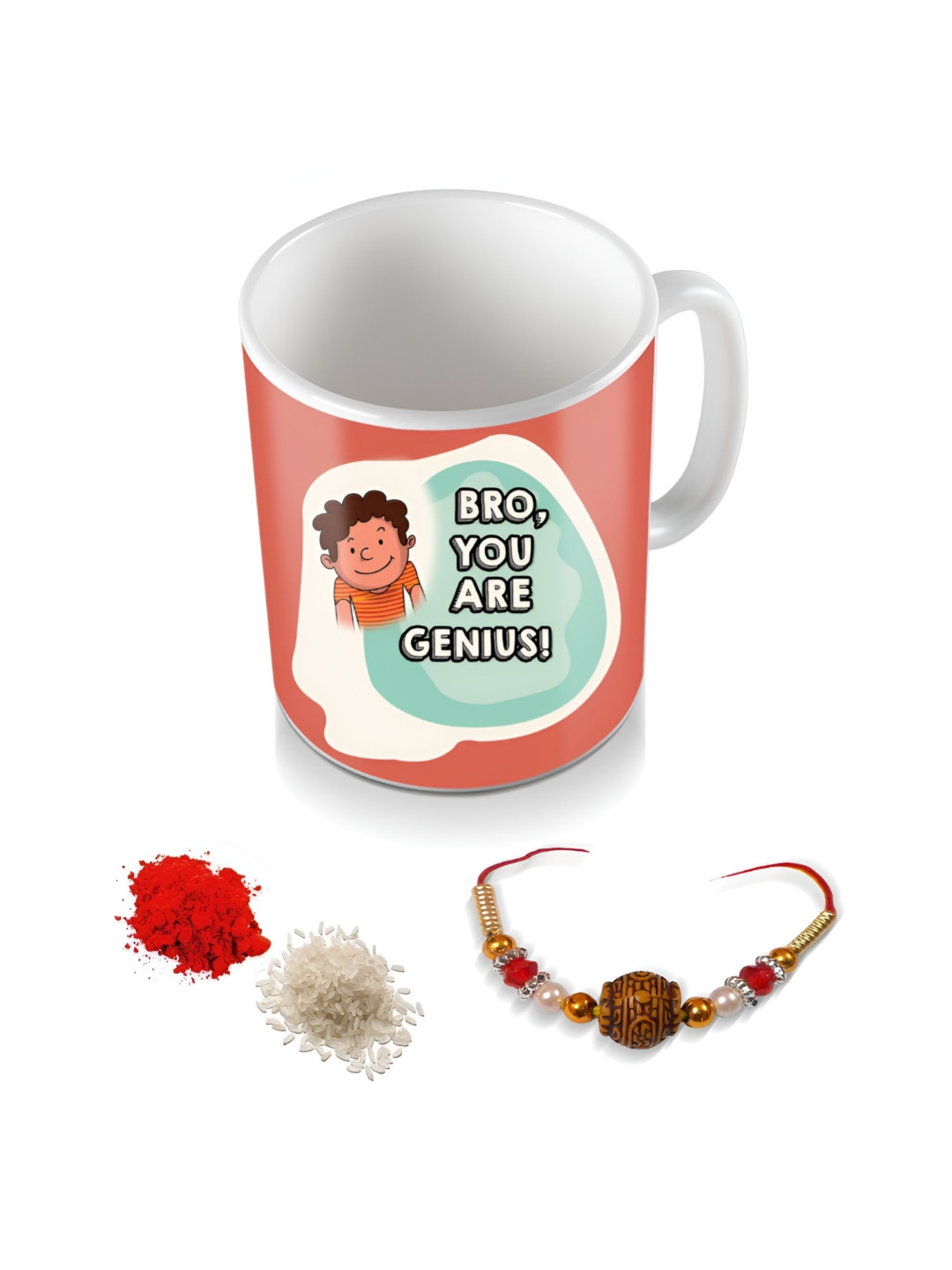 SKYTRENDS Valentine Multicoloured Typography Ceramic Microwave Safe Mug with Rakhi, Roli, Chawal-325ml