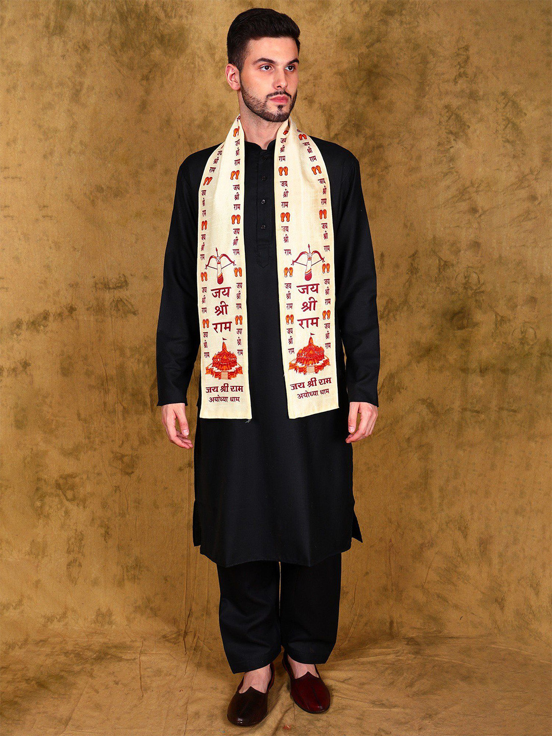 Exotic India Unisex Pearled-Ivory Sanatan Prayer Printed Wool Scarf