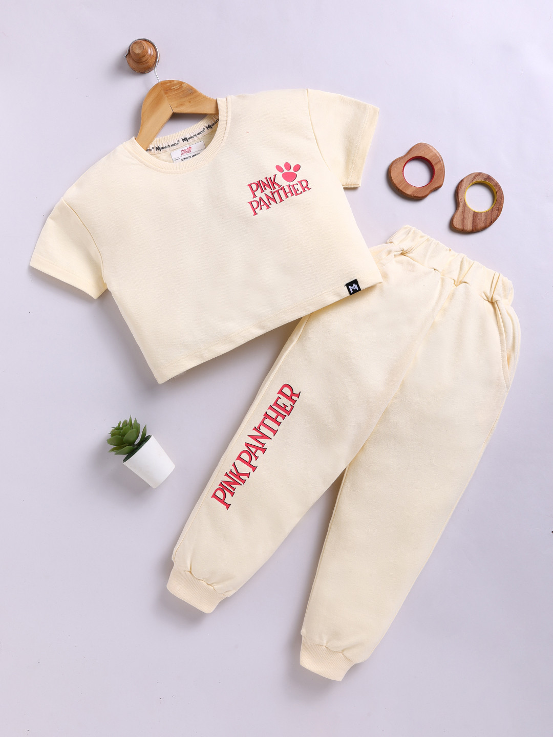 YK X Minute Mirth Girls Pink Panther Printed Pure Cotton T-shirt With Joggers