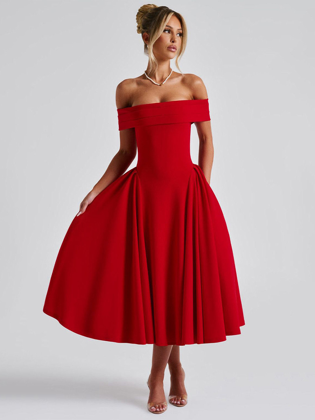bebe Women Cherry Red Off-Shoulder Fit & Flare Midi Dress