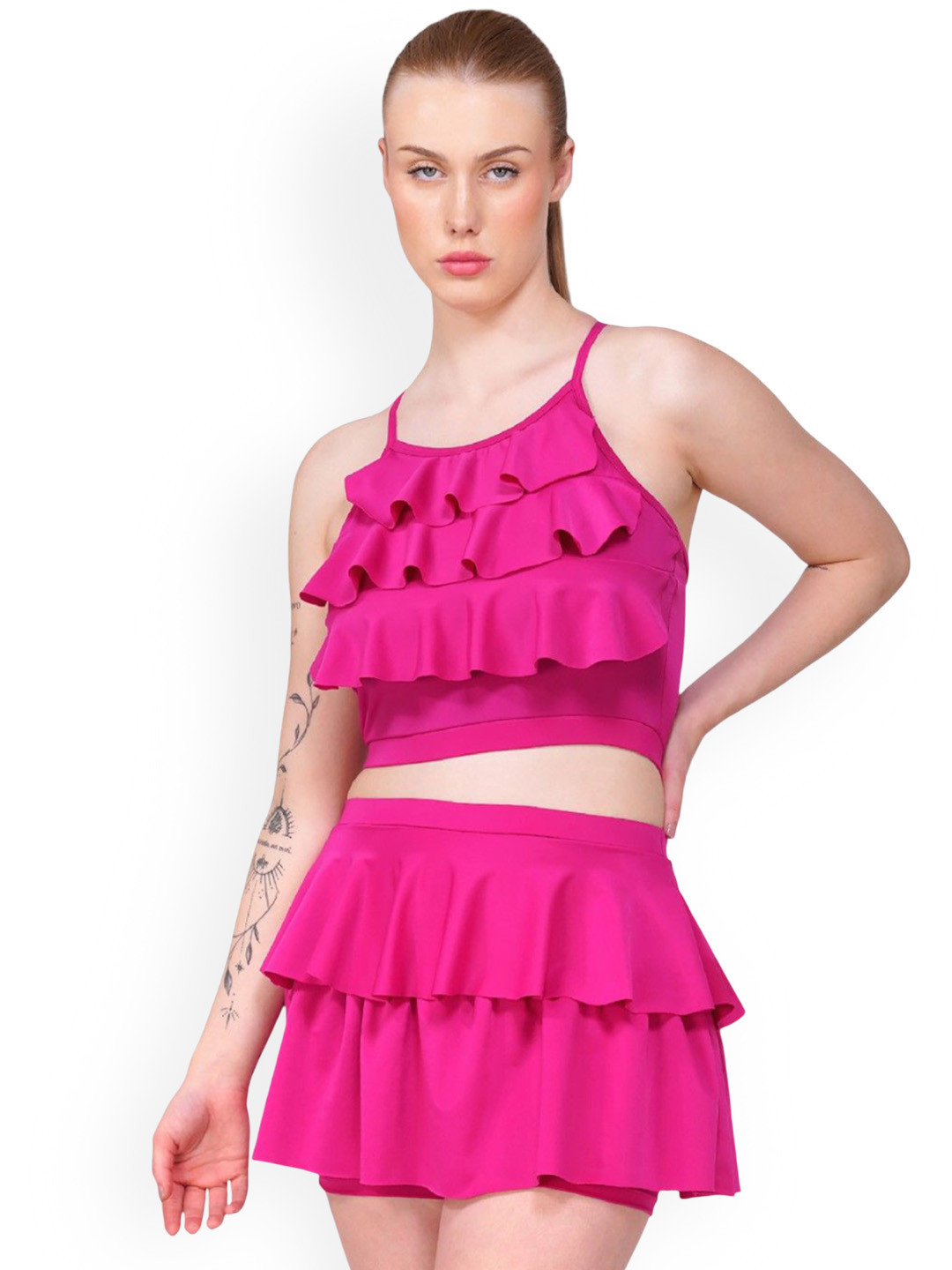 TOMKOT Shoulder Strap Neck Padded Ruffle Detail Two-Piece Swimming Dress