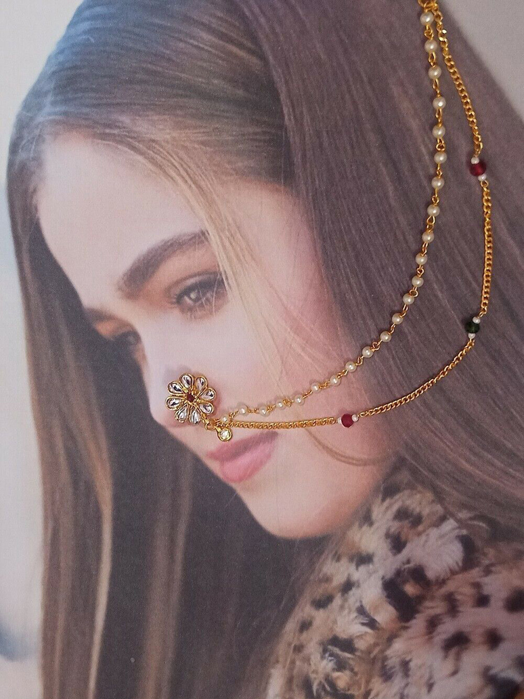 NIKYANKA Gold-Plated Artificial Stones Studded And Beaded Chained Nosepin