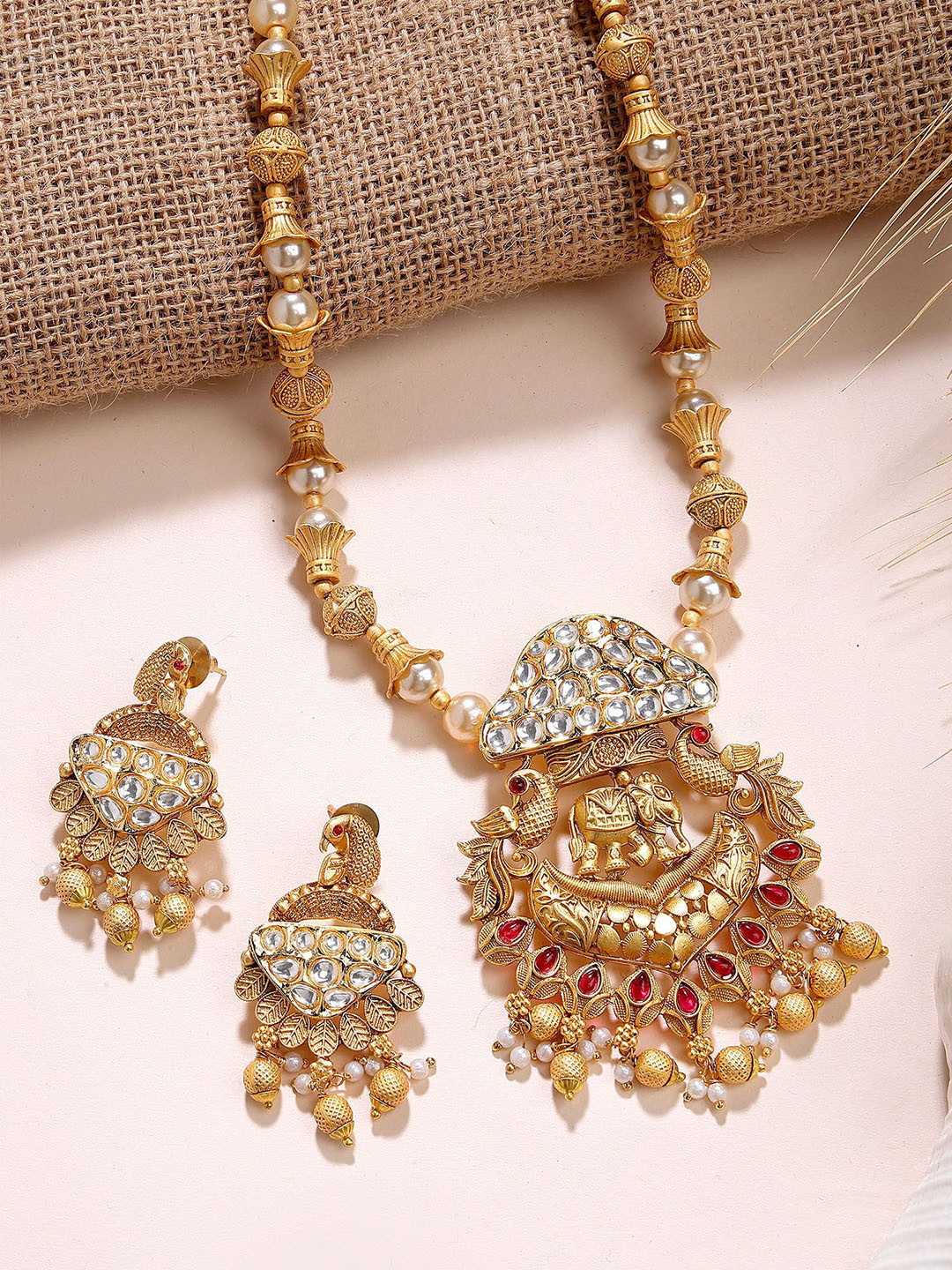 KARATCART Gold-Plated Kundan Studded & Beaded Elephant Rani Haar Temple Jewellery Set