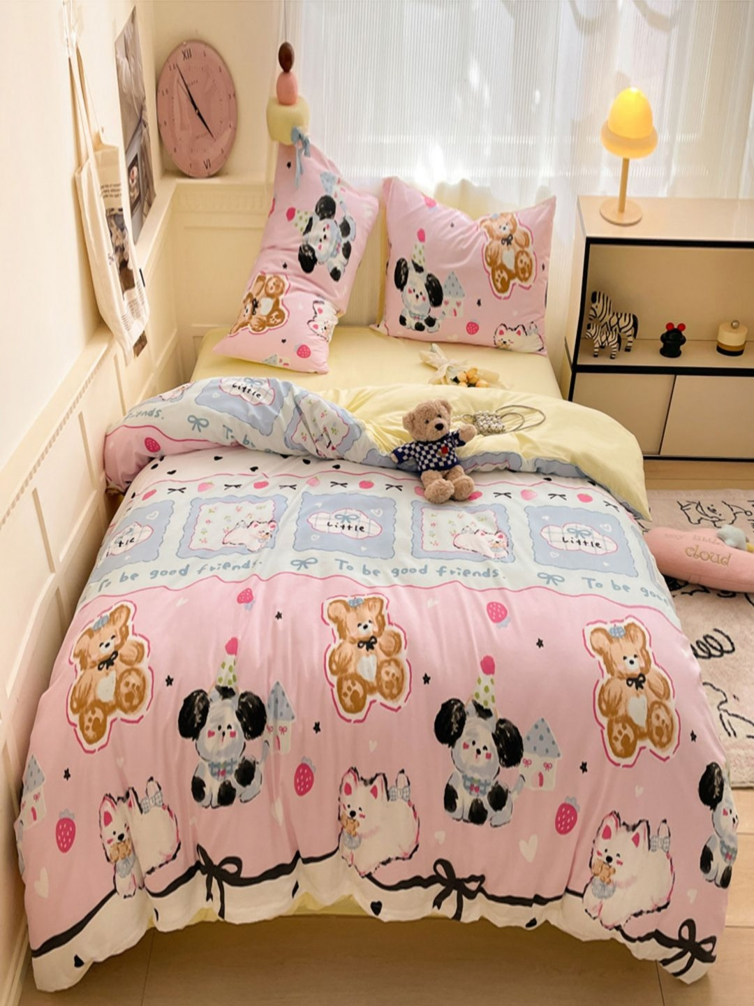 JC HOME Yellow & Pink Cartoon Characters Polycotton 3 Piece Double Extra Large Regular Bedding Set