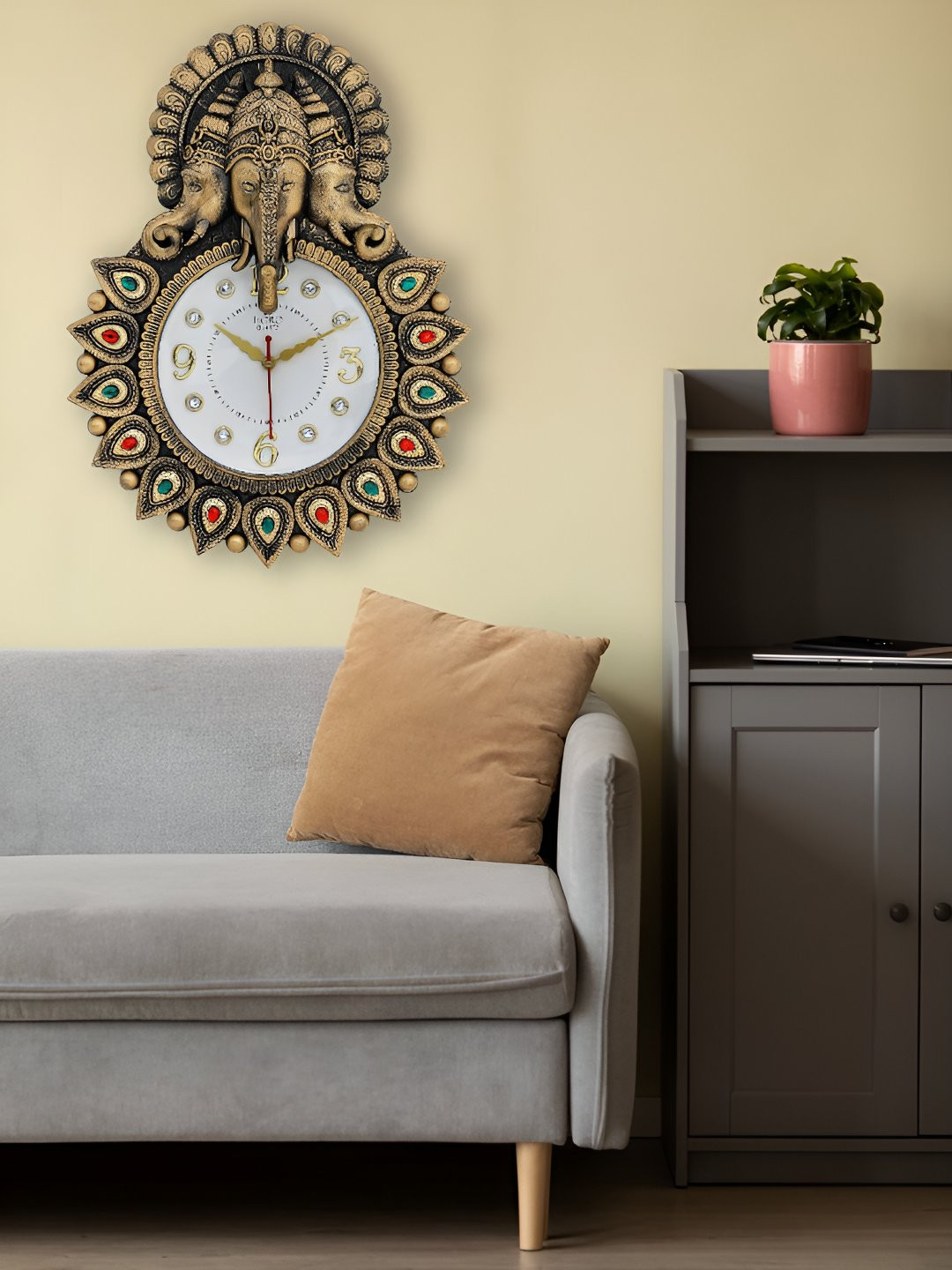 Horo Gold Plastic Large Display Round Battery Analogue Ganesha Wall Clock-45cm