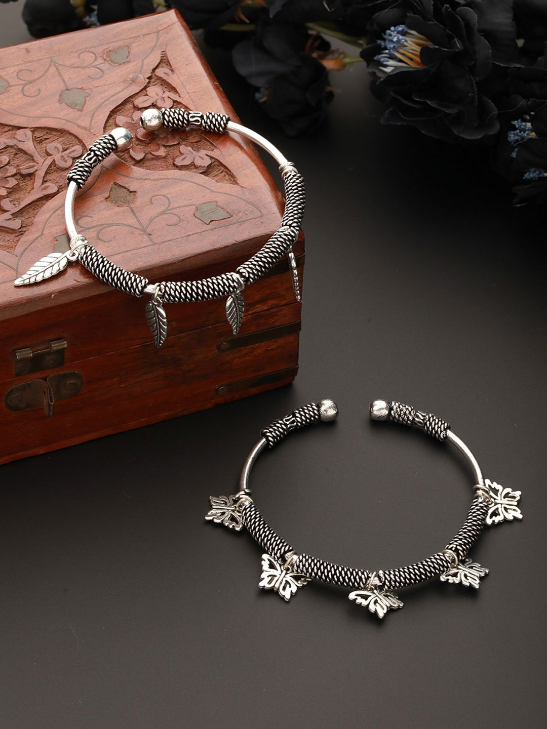 Sangria Set Of 2 Silver-Plated Oxidised Tribal Leaf & Butterfly Charm Bracelets