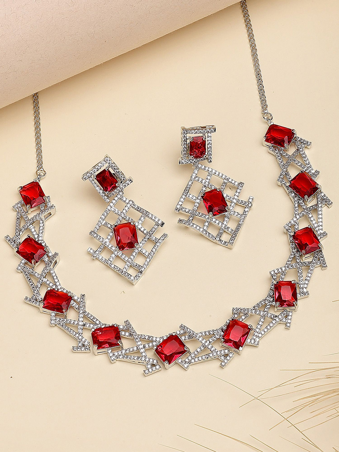 KARATCART Silver-Plated American Diamond Studded Net Design Jewellery Set