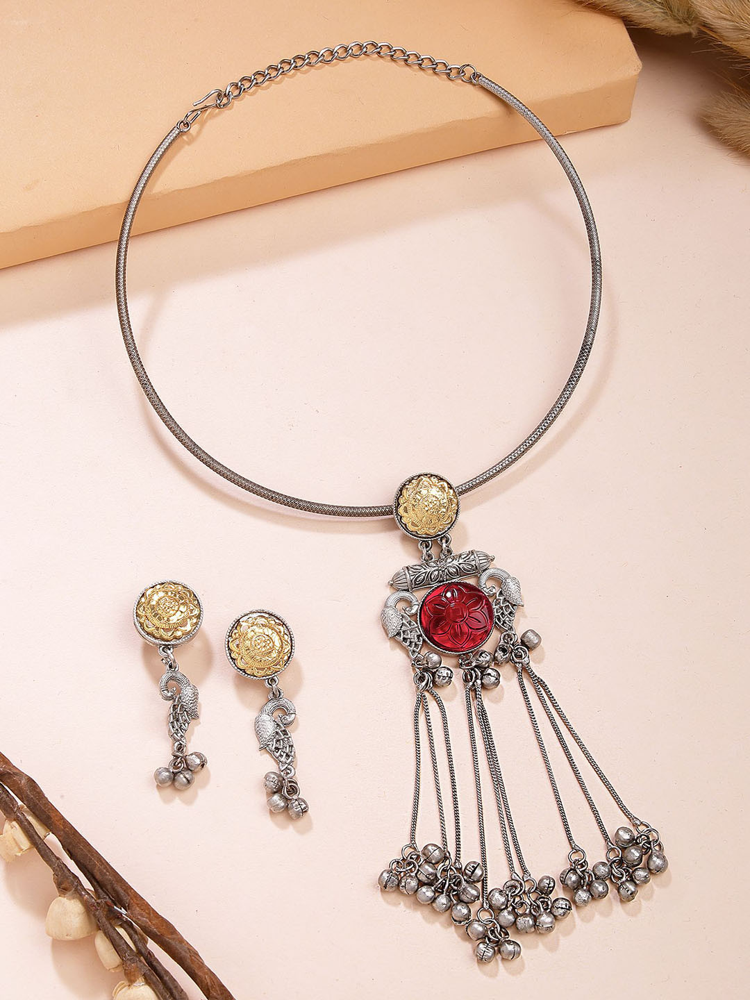 KARATCART Silver-Plated Red Stones Studded Oxidised Peacock Design Hasli Jewellery Set