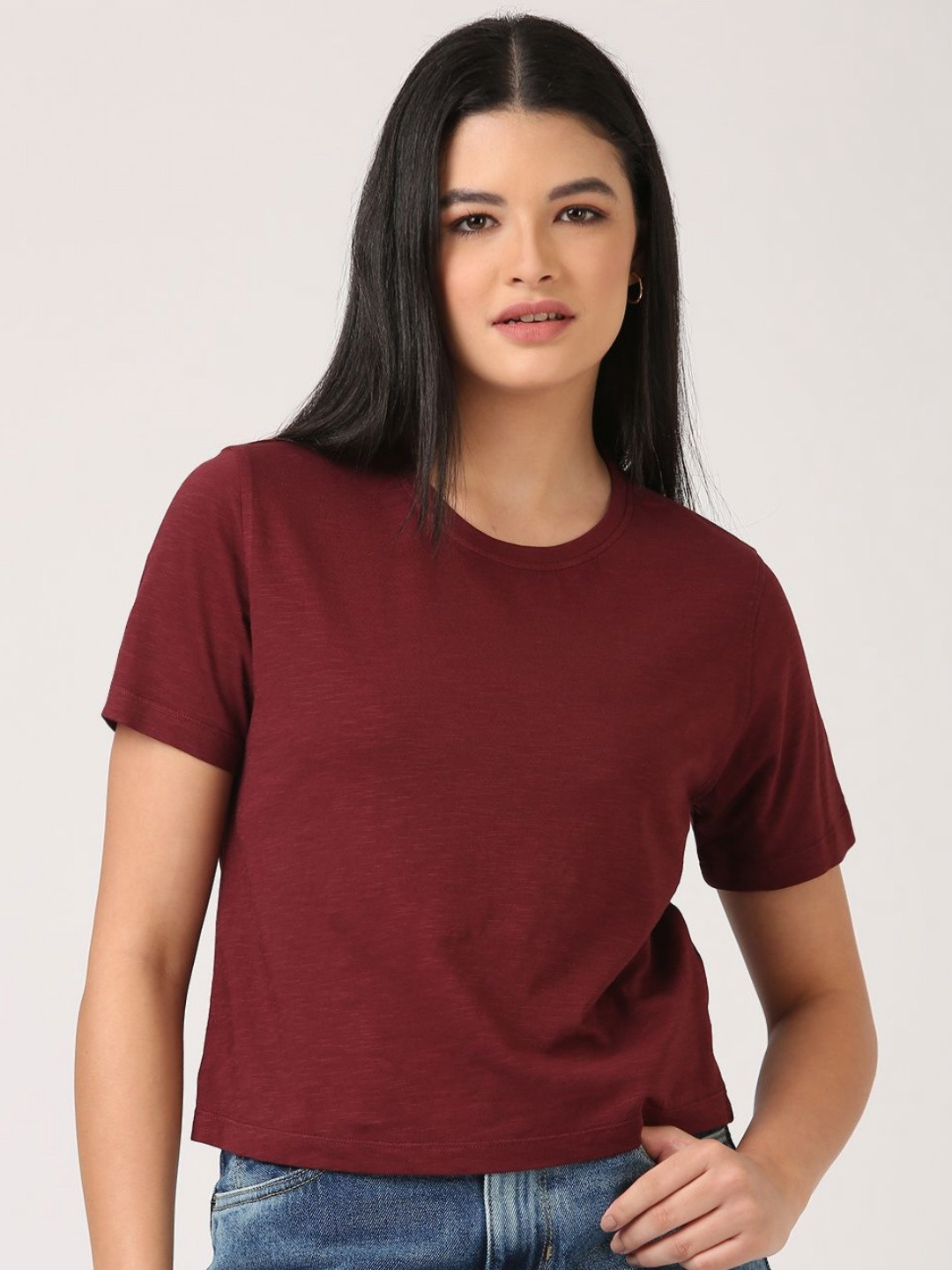 Jolene.club Wine Round Neck Cotton Boxy Crop T-shirt