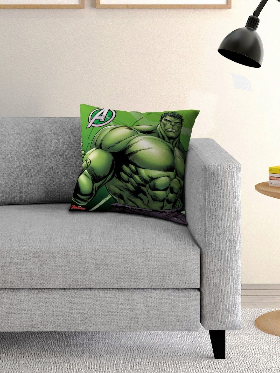 Marvel Green & White Printed Square-Shaped Pre-Filled Cushion With Cover