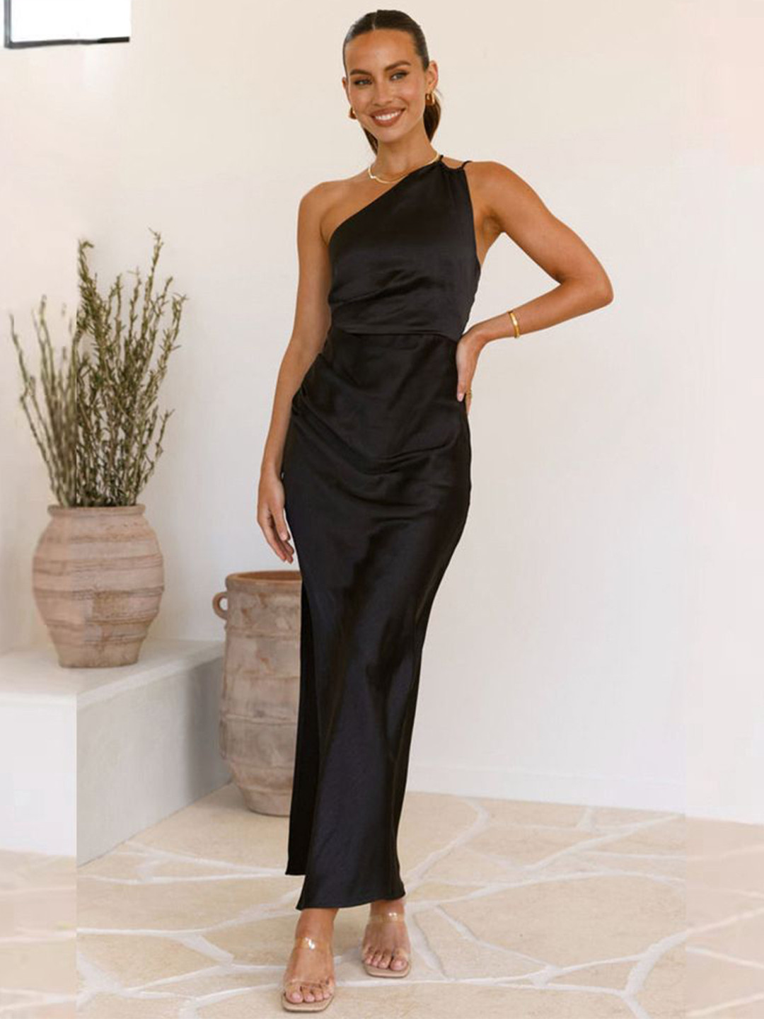 bebe Black One shoulder Side Slit Maxi Dress