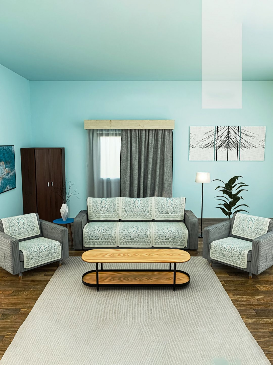 Aura Blue & White Set of 10 Printed Decorative Cotton 5 Seaters Sofa Cover