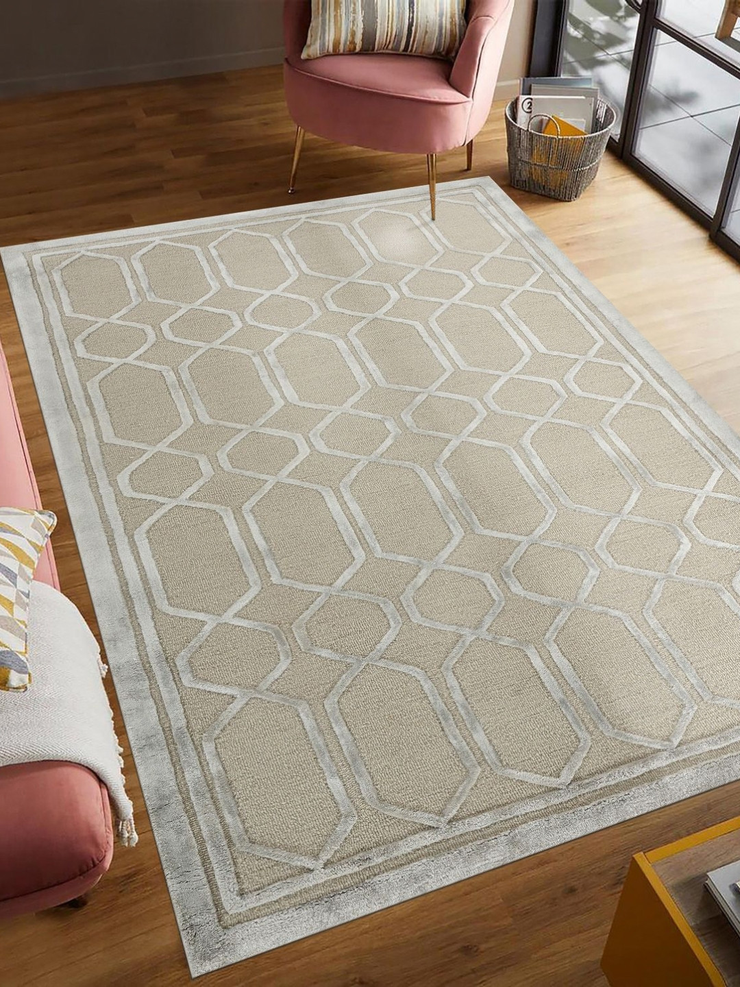 saraswatii global Lineation Beige Geometric Hand-Tufted Woollen Carpet