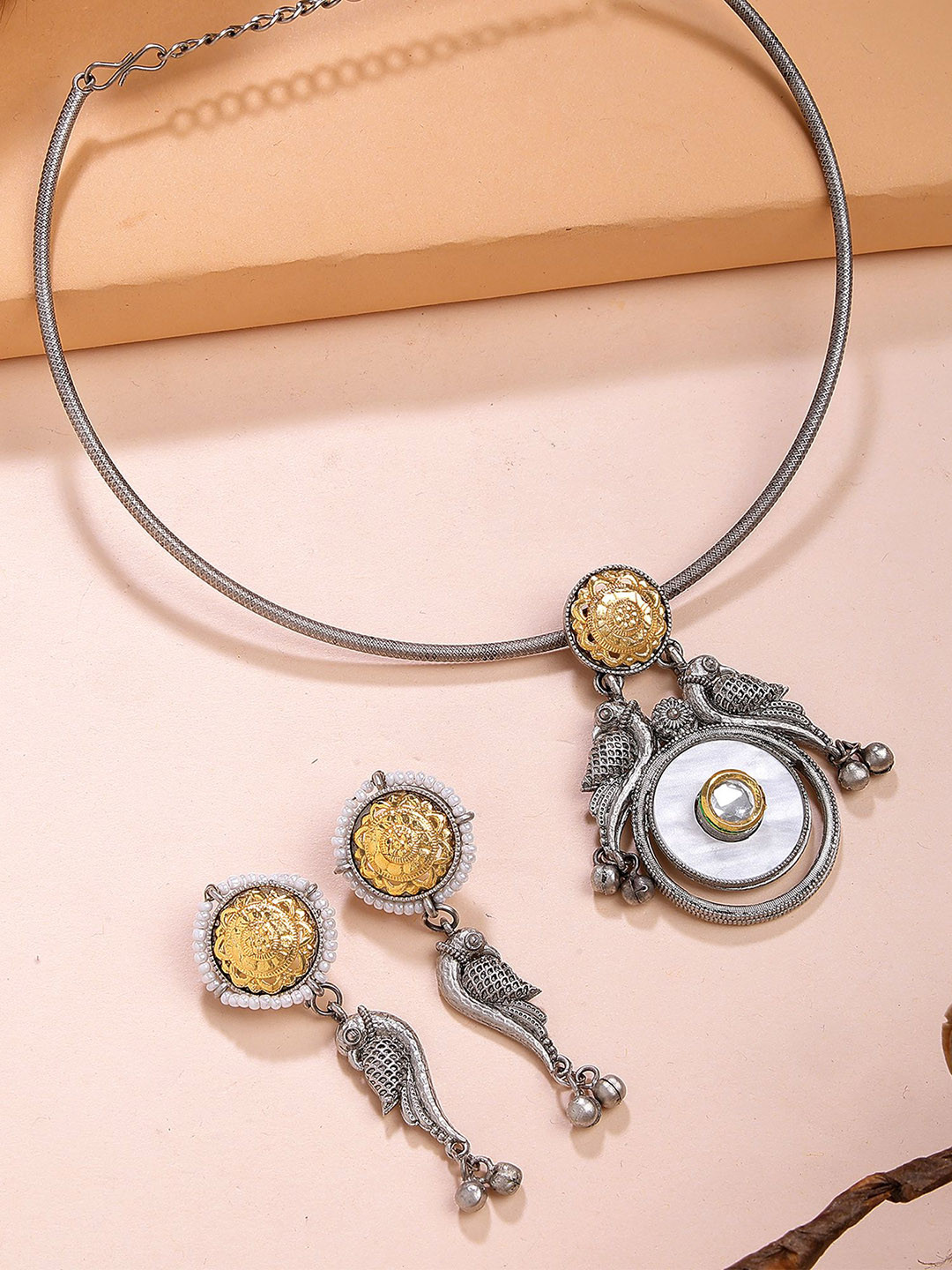 KARATCART Silver-Plated Oxidised Peacock Design Hasli Jewellery Set