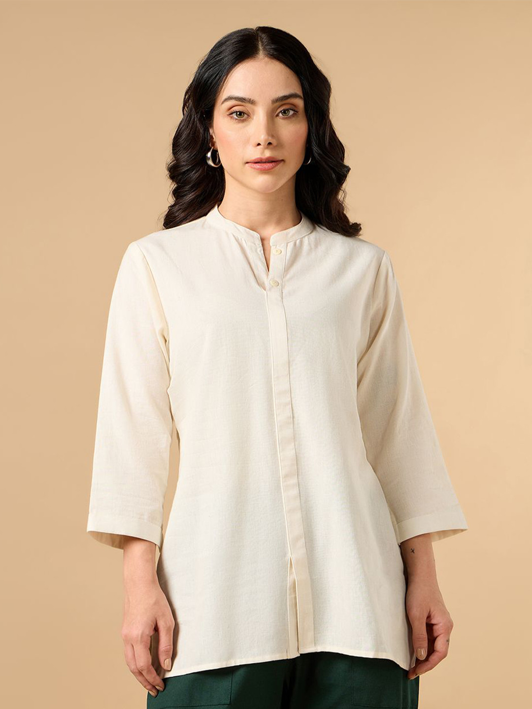 COTTONS DAILY Women White Solid Mandarin Collar Cotton Linen Kurta
