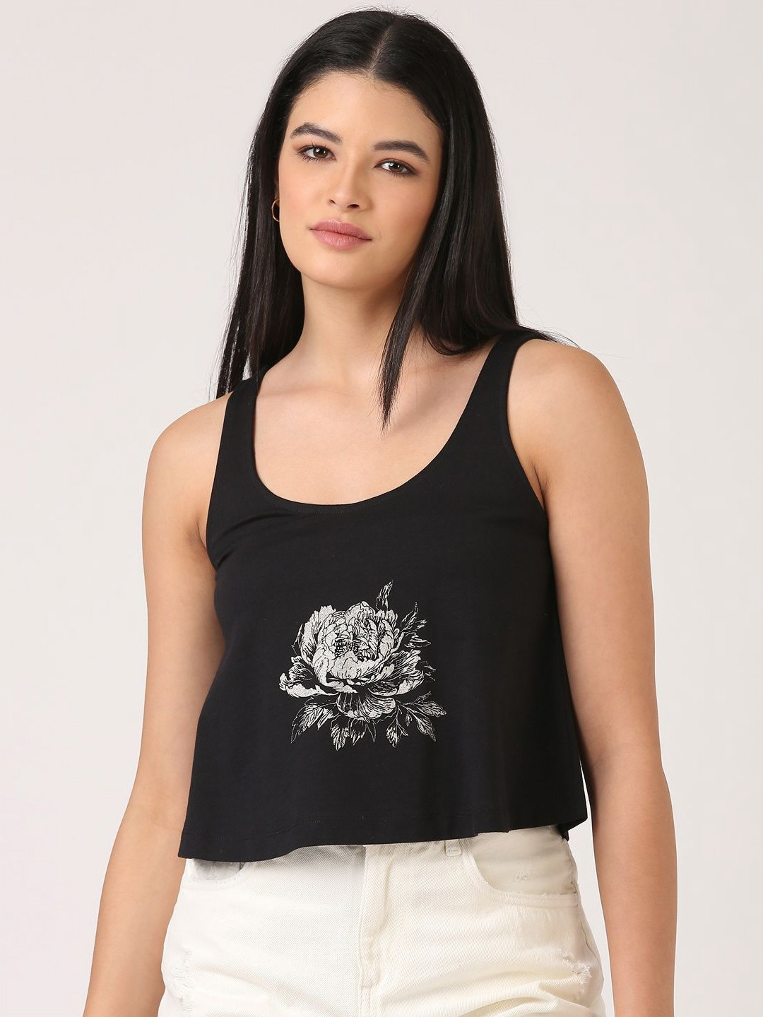 Jolene.club Black Jolene Printed Sleeveless Scoop Neck A-line Tank Top