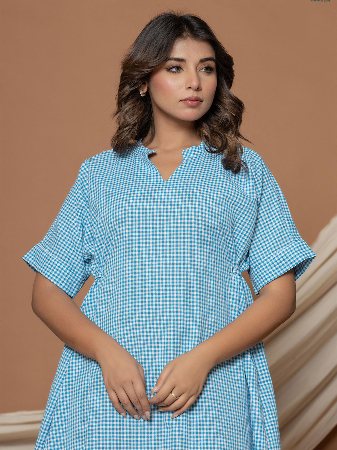 krambica Women Mandairan Coller Checked A-Line Midi Dress