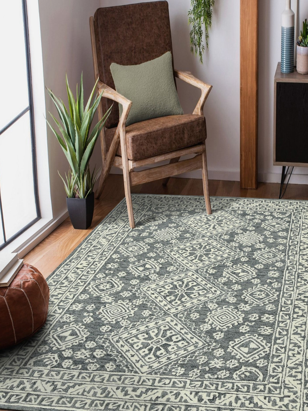 saraswatii global Boston Grey & Olive Ethnic Motifs Printed Tufted Woollen Carpet